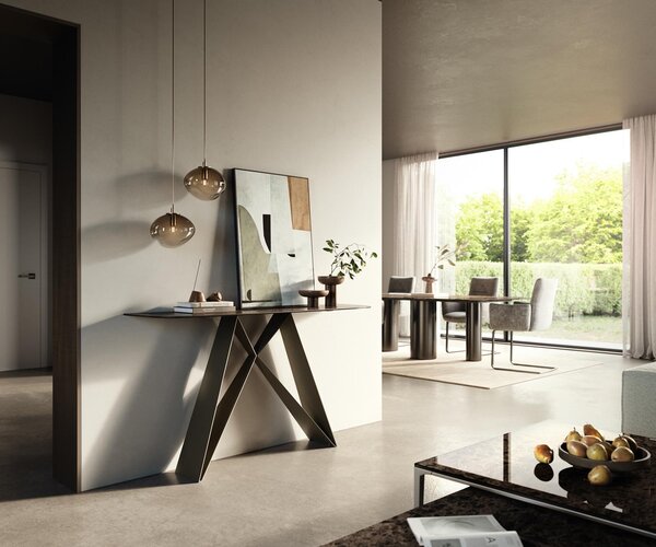 DELIFE Konzolový stůl Edge oválný tvar 140×40 cm keramika Emperador Extra Lucidato tmavě hnědá Velio kov titanová barva