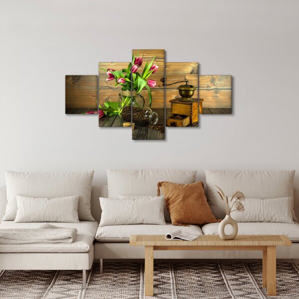 Obraz - tulipány, mlýnek a káva (125x70 cm)