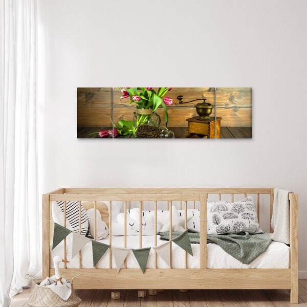 Obraz - tulipány, mlýnek a káva (170x50 cm)