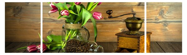Obraz - tulipány, mlýnek a káva (170x50 cm)