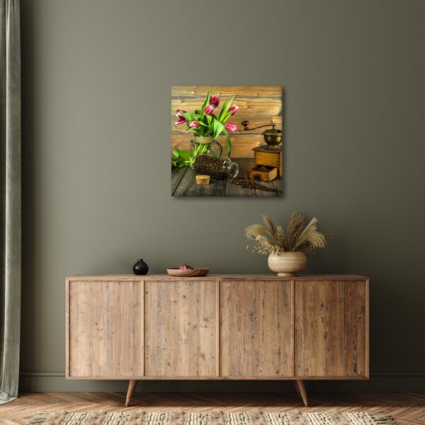 Obraz - tulipány, mlýnek a káva (30x30 cm)