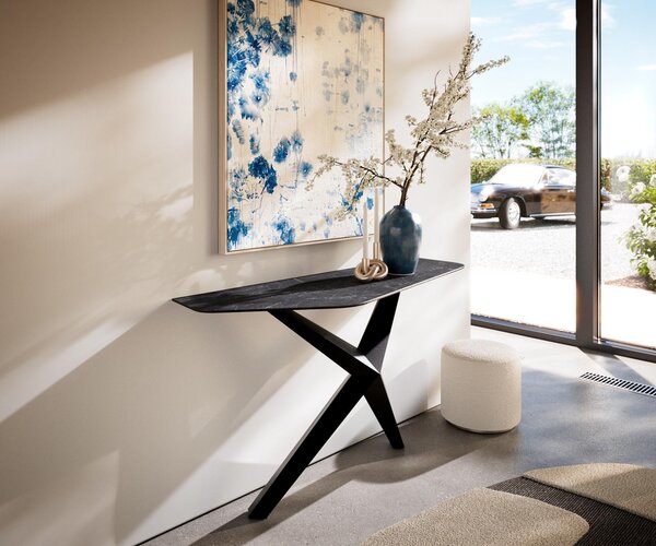 DELIFE Konzolový stůl Edge polygonální 140×50 cm keramika Laminam® Nero Greco antracit Zentharo kov černá