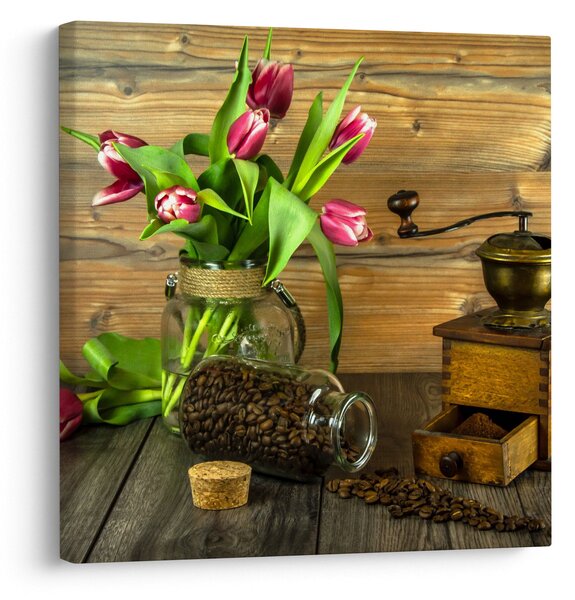 Obraz - tulipány, mlýnek a káva (30x30 cm)