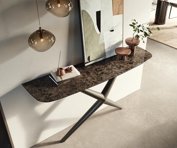 DELIFE Konzolový stůl Edge oválný 140×40 cm keramika Emperador Extra Lucidato tmavě hnědá Estelo kov titanová barva