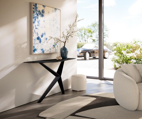 DELIFE Konzolový stůl Edge polygonální 140×50 cm keramika Laminam® Nero Greco antracit Zentharo kov černá