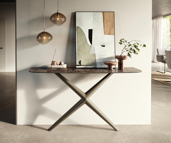 DELIFE Konzolový stůl Edge oválný 140×40 cm keramika Emperador Extra Lucidato tmavě hnědá Estelo kov titanová barva