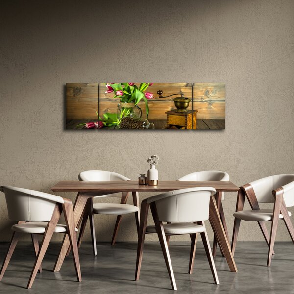 Obraz - tulipány, mlýnek a káva (170x50 cm)