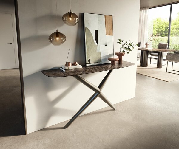 DELIFE Konzolový stůl Edge oválný 140×40 cm keramika Emperador Extra Lucidato tmavě hnědá Estelo kov titanová barva