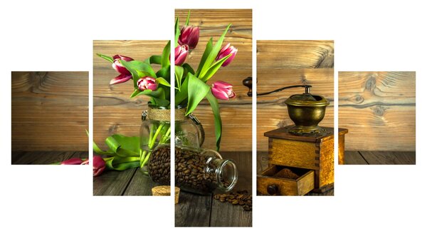 Obraz - tulipány, mlýnek a káva (125x70 cm)