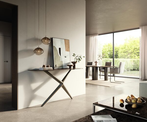 DELIFE Konzolový stůl Edge oválný 140×40 cm keramika Emperador Extra Lucidato tmavě hnědá Estelo kov titanová barva