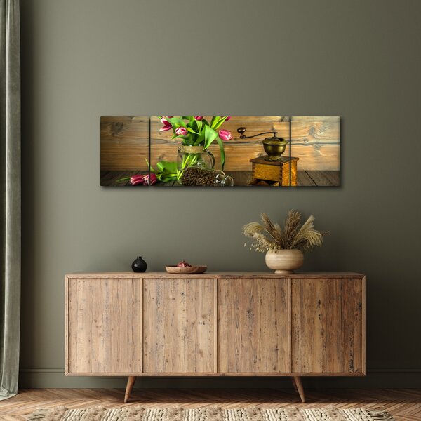 Obraz - tulipány, mlýnek a káva (170x50 cm)
