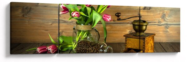 Obraz - tulipány, mlýnek a káva (170x50 cm)