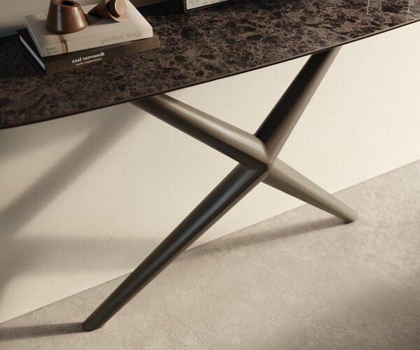 DELIFE Konzolový stůl Edge oválný 140×40 cm keramika Emperador Extra Lucidato tmavě hnědá Estelo kov titanová barva