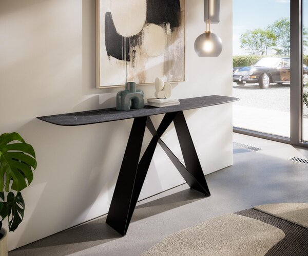 DELIFE Konzolový stůl Edge oválný tvar 180×40 cm keramika Laminam® Nero Greco antracit Velio kov černá