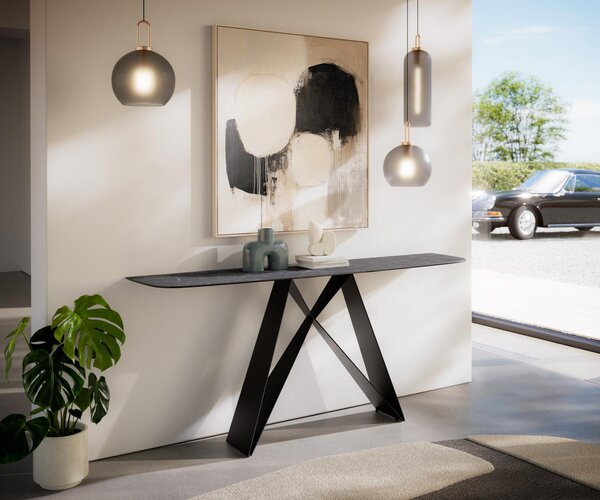 DELIFE Konzolový stůl Edge oválný tvar 180×40 cm keramika Laminam® Nero Greco antracit Velio kov černá