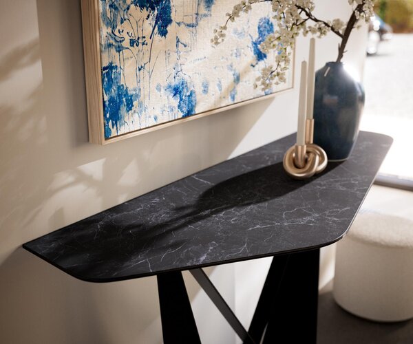 DELIFE Konzolový stůl Edge polygonální 140×50 cm keramika Laminam® Nero Greco antracit Spios kov černá
