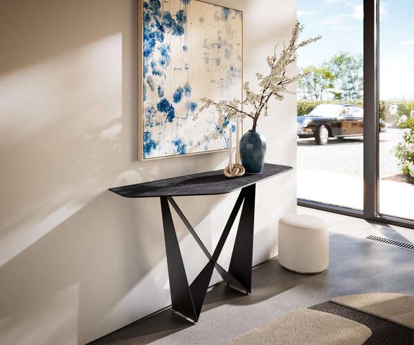 DELIFE Konzolový stůl Edge polygonální 140×50 cm keramika Laminam® Nero Greco antracit Spios kov černá