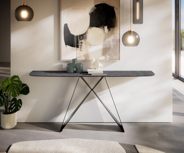 DELIFE Konzolový stůl Edge oválný tvar 180×40 cm keramika Laminam® Nero Greco antracit Velio kov černá