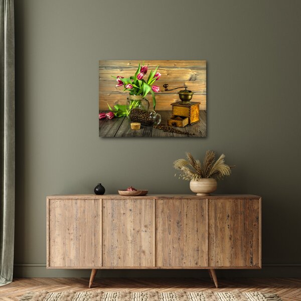 Obraz - tulipány, mlýnek a káva (70x50 cm)