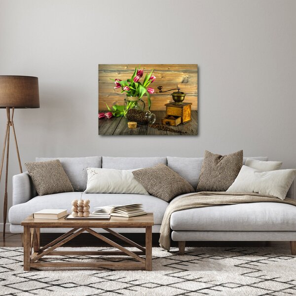 Obraz - tulipány, mlýnek a káva (70x50 cm)