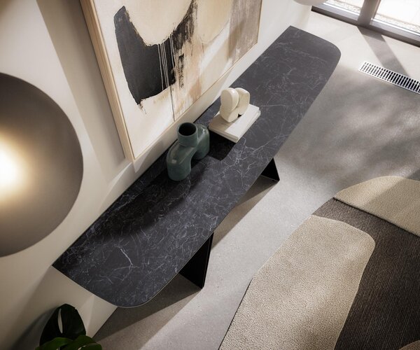 DELIFE Konzolový stůl Edge oválný tvar 180×40 cm keramika Laminam® Nero Greco antracit Velio kov černá