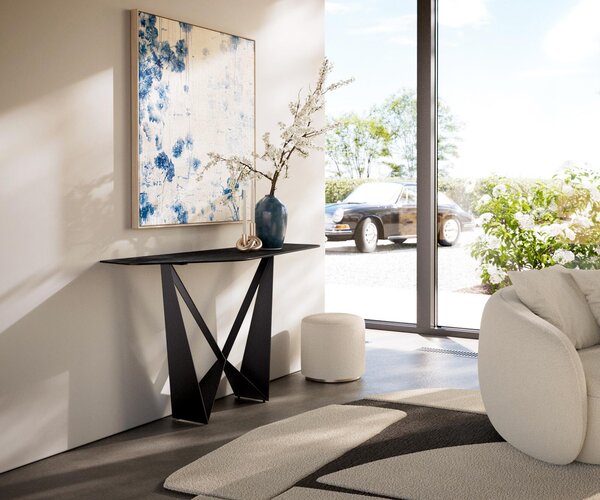 DELIFE Konzolový stůl Edge polygonální 140×50 cm keramika Laminam® Nero Greco antracit Spios kov černá