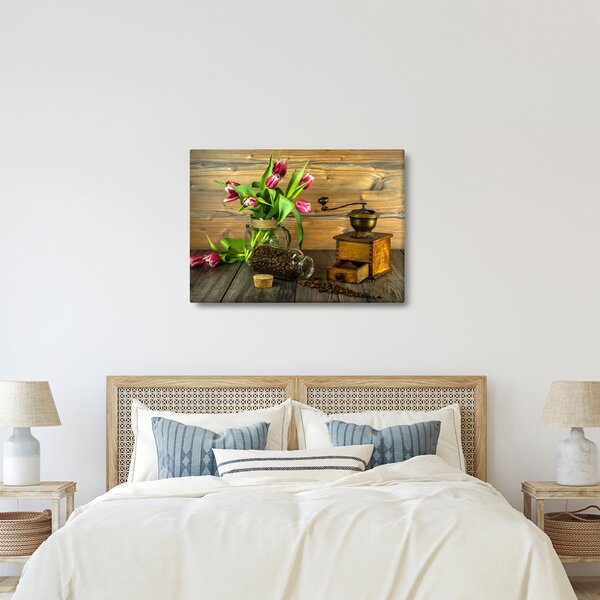 Obraz - tulipány, mlýnek a káva (70x50 cm)