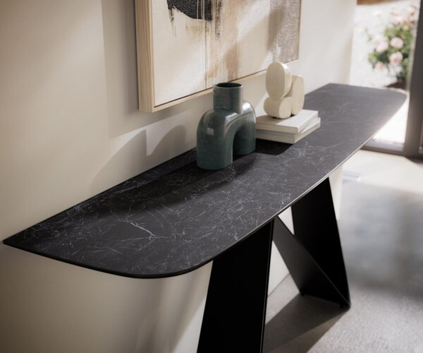 DELIFE Konzolový stůl Edge oválný tvar 180×40 cm keramika Laminam® Nero Greco antracit Velio kov černá