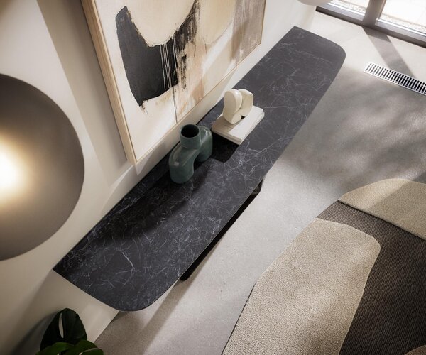 DELIFE Konzolový stůl Edge oválný tvar 180×40 cm keramika Laminam® Nero Greco antracit Estelo kov černá