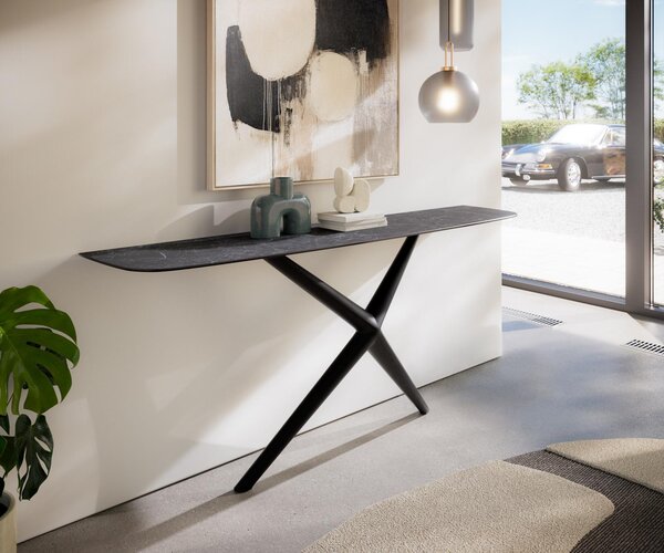 DELIFE Konzolový stůl Edge oválný tvar 180×40 cm keramika Laminam® Nero Greco antracit Estelo kov černá