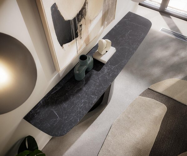 DELIFE Konzolový stůl Edge oválný tvar 180×40 cm keramika Laminam® Nero Greco antracitová Livos kov černá