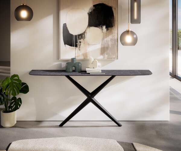 DELIFE Konzolový stůl Edge oválný tvar 180×40 cm keramika Laminam® Nero Greco antracit Estelo kov černá