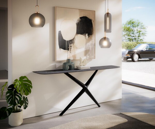 DELIFE Konzolový stůl Edge oválný tvar 180×40 cm keramika Laminam® Nero Greco antracit Estelo kov černá