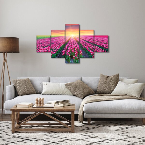 Obraz pole tulipánů se sluncem (125x70 cm)