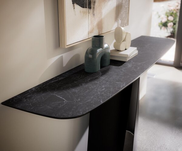 DELIFE Konzolový stůl Edge oválný tvar 180×40 cm keramika Laminam® Nero Greco antracitová Livos kov černá