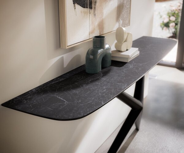 DELIFE Konzolový stůl Edge oválný tvar 180×40 cm keramika Laminam® Nero Greco antracit Estelo kov černá