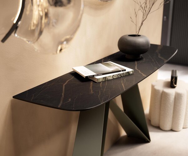 DELIFE Konzolový stůl Edge oválný tvar 140×40 cm keramika Laminam® Noir Desir hnědá Velio kov titanová barva