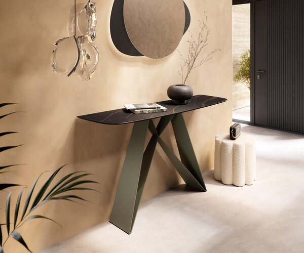 DELIFE Konzolový stůl Edge oválný tvar 140×40 cm keramika Laminam® Noir Desir hnědá Velio kov titanová barva