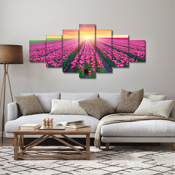 Obraz pole tulipánů se sluncem (210x100 cm)