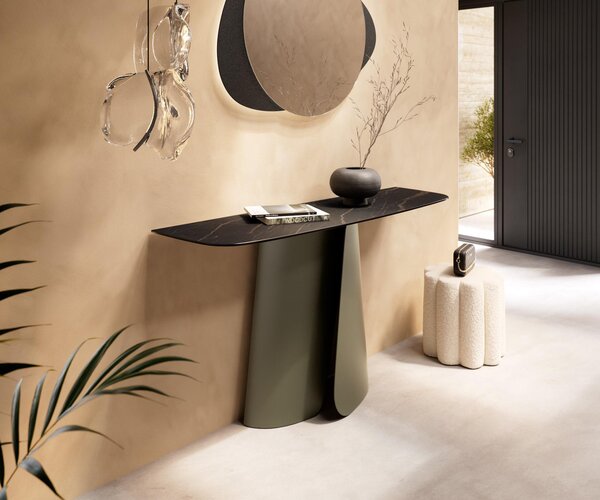 DELIFE Konzolový stůl Edge oválný tvar 140×40 cm keramika Laminam® Noir Desir hnědá Livos kov titanová barva