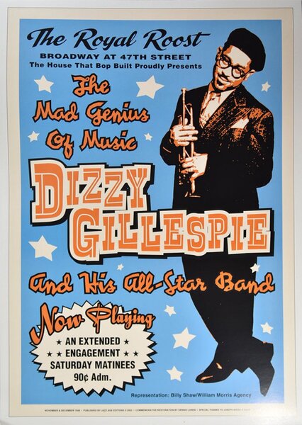 Koncertní plakát Dizzy Gillespie, The Royal Roost in NYC, 1948