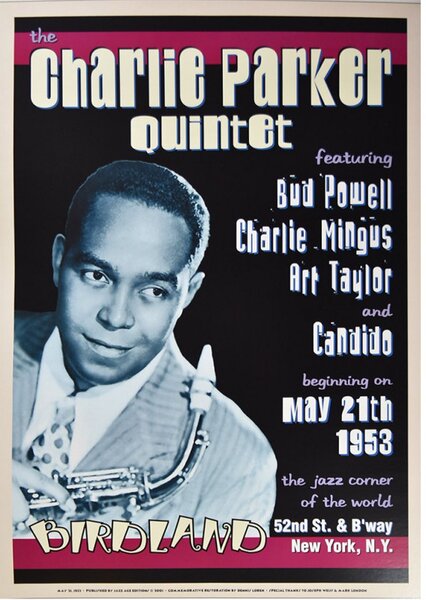 Koncertní plakát Charlie Parker Quintet, Birdland in NYC,1953