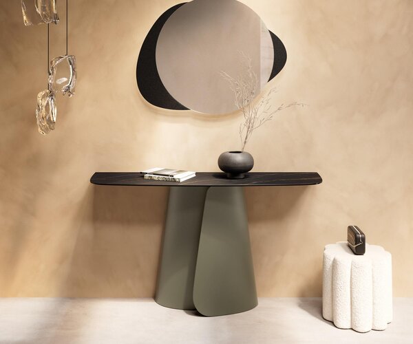 DELIFE Konzolový stůl Edge oválný tvar 140×40 cm keramika Laminam® Noir Desir hnědá Livos kov titanová barva