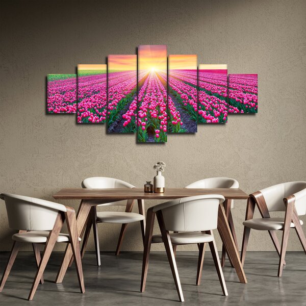 Obraz pole tulipánů se sluncem (210x100 cm)
