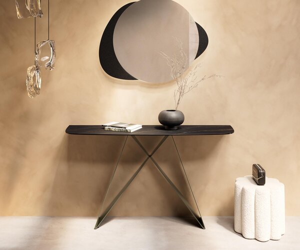 DELIFE Konzolový stůl Edge oválný tvar 140×40 cm keramika Laminam® Noir Desir hnědá Velio kov titanová barva