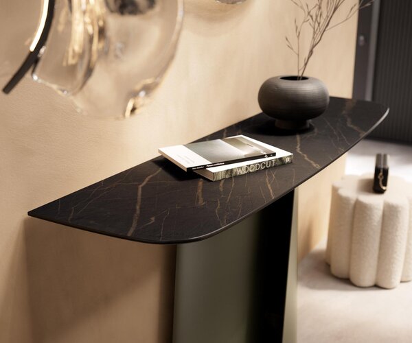 DELIFE Konzolový stůl Edge oválný tvar 140×40 cm keramika Laminam® Noir Desir hnědá Livos kov titanová barva