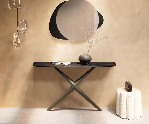 DELIFE Konzolový stůl Edge oválný tvar 140×40 cm keramika Laminam® Noir Desir hnědá Estelo kov titanová barva