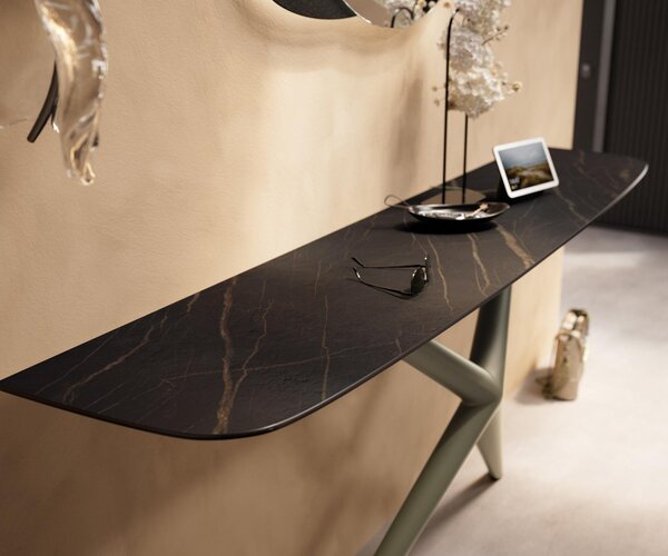 DELIFE Konzolový stůl Edge oválný tvar 180×40 cm keramika Laminam® Noir Desir hnědá Estelo kov titanová barva