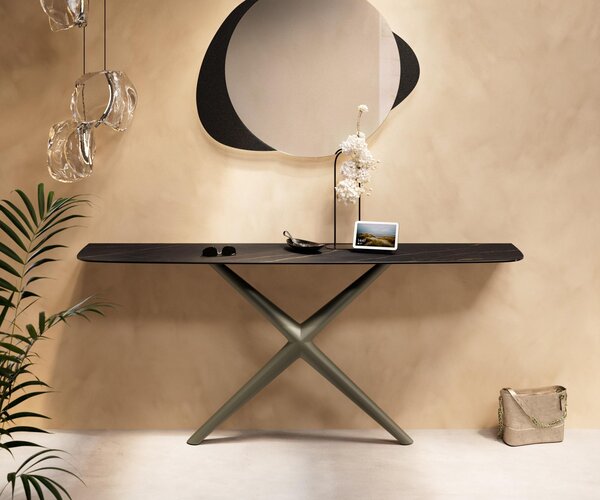 DELIFE Konzolový stůl Edge oválný tvar 180×40 cm keramika Laminam® Noir Desir hnědá Estelo kov titanová barva