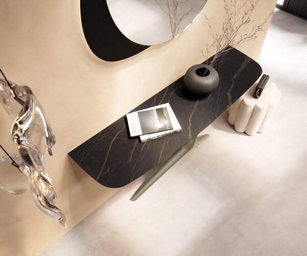 DELIFE Konzolový stůl Edge oválný tvar 140×40 cm keramika Laminam® Noir Desir hnědá Estelo kov titanová barva